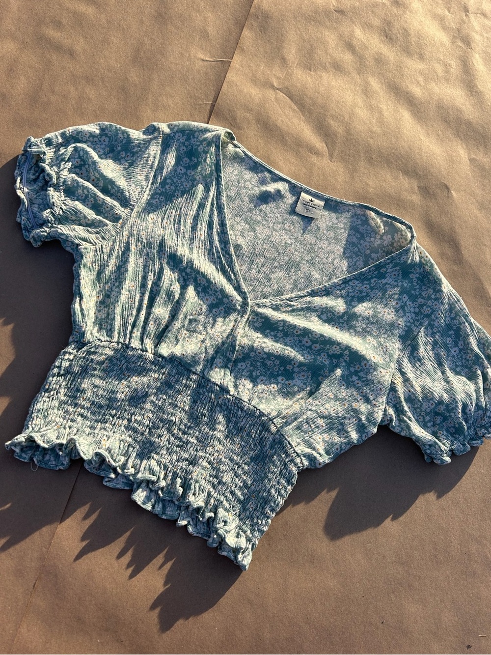 Paper Crane Light Blue Floral Smocked Wrap Crop Top